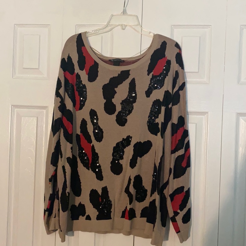INC International Concepts Tan & Red Leopard Sweater with Black Sequin Size 2X
